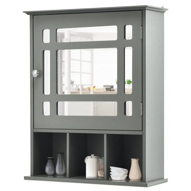 Elegant Grey Wall-Mounted Mirrored Medicine Cabinet with Adjustable Shelf 