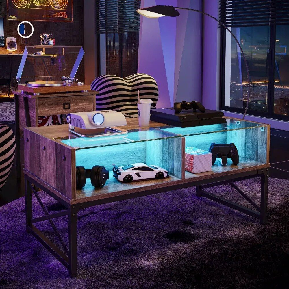 Rustic Oak Coffee Table with LED Lighting and Glass Shelf Furniture Home & Garden Home Decor