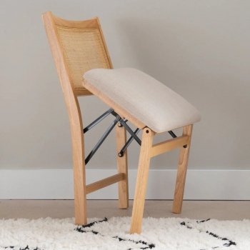 Elegant Natural Wood and Rattan Folding Chair with Upholstered Beige Seat