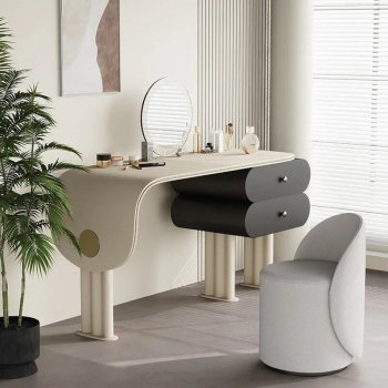 Modern Minimalist Oak Vanity Set with Saddle Leather Dressing Table and Mirror