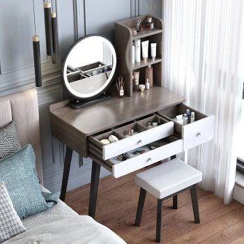 Modern Elegant Dressing Table with Mirror, Stool & Drawers for Bedroom