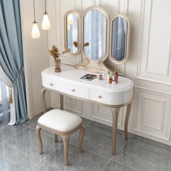 Elegant Solid Oak Wood Dressing Table Set with Mirror and Stool - Rustic Modern Moroccan Style Vanity