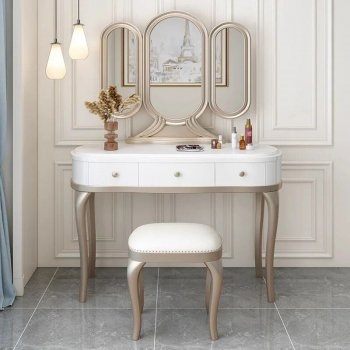 Elegant Solid Oak Wood Dressing Table Set with Mirror and Stool - Rustic Modern Moroccan Style Vanity