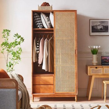 Luxurious Rattan Double Door Wardrobe - Modern Solid Wood Storage for Home and Hotel