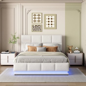 Luxury Upholstered Bed 140x200 cm with LED Lighting & Imitation Leather