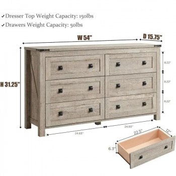 Rustic Oak 6-Drawer Farmhouse Dresser - Spacious Bedroom Storage Organizer