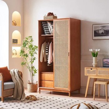 Luxurious Rattan Double Door Wardrobe - Modern Solid Wood Storage for Home and Hotel